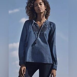 Anthropologie Blouse | Ne Quittez Pas Hallie Denim Embroidered Blouse Large NWT